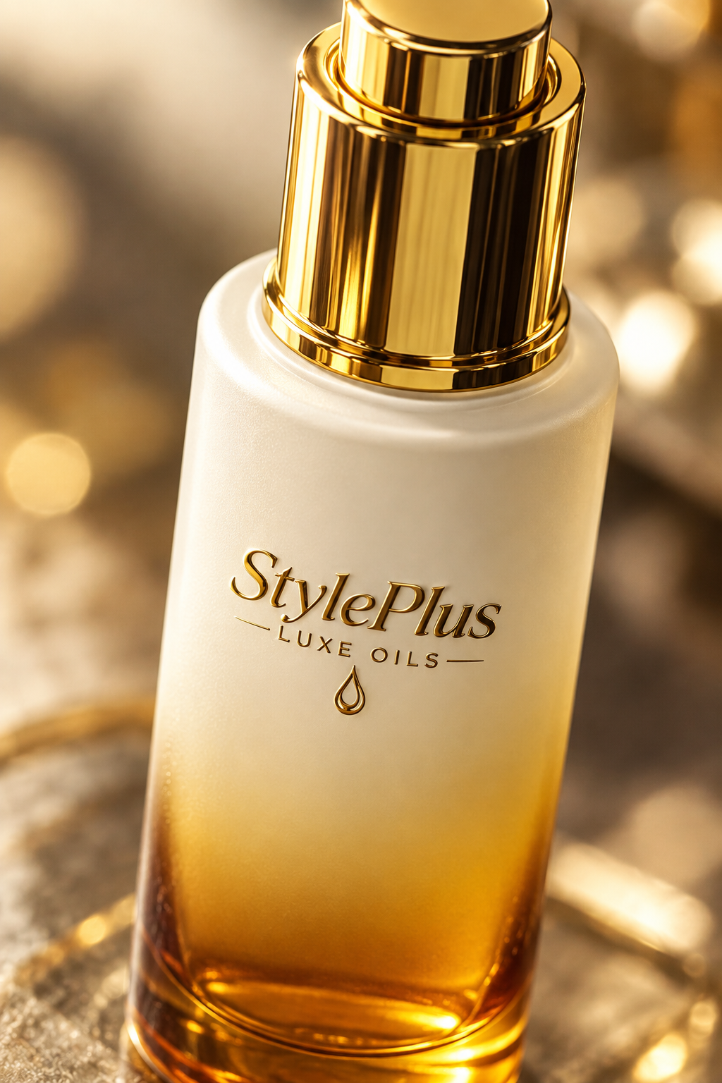 Dream Elixir luxury fragrance oil – close-up of gold pump cap and frosted amber glass bottle